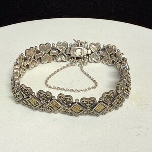 Elegant Sterling Silver Marcasite Heart Bracelet